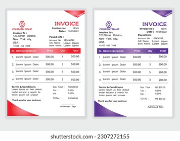 Business Minimal Corporate Invoice design template vector illustration bill form price . Creative template and stationery design payment agreement design template Cash Memo, Vector Quotation Design