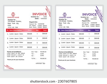 Business Minimal Corporate Invoice design template vector illustration bill form price . Creative template and stationery design payment agreement design template Cash Memo, Vector Quotation Design