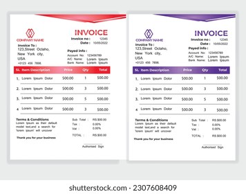 Business Minimal Corporate Invoice design template vector illustration bill form price . Creative template and stationery design payment agreement design template Cash Memo, Vector Quotation Design