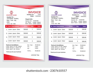 Business Minimal Corporate Invoice design template vector illustration bill form price . Creative template and stationery design payment agreement design template Cash Memo, Vector Quotation Design