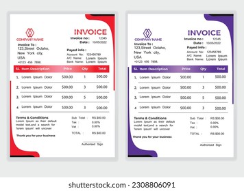 Business Minimal Corporate Invoice design template vector illustration bill form price . Creative template and stationery design payment agreement design template Cash Memo, Vector Quotation Design