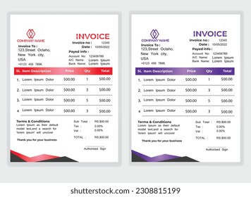 Business Minimal Corporate Invoice design template vector illustration bill form price . Creative template and stationery design payment agreement design template Cash Memo, Vector Quotation Design