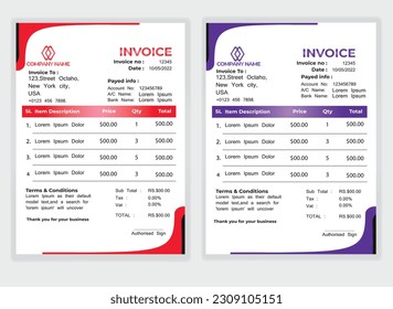 Business Minimal Corporate Invoice design template vector illustration bill form price . Creative template and stationery design payment agreement design template Cash Memo, Vector Quotation Design