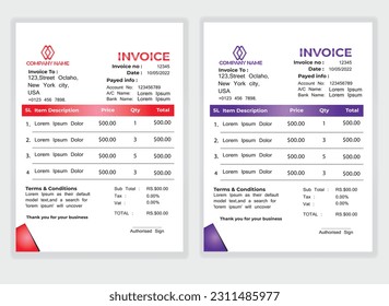 Business Minimal Corporate Invoice design template vector illustration bill form price . Creative template and stationery design payment agreement design template Cash Memo, Vector Quotation Design