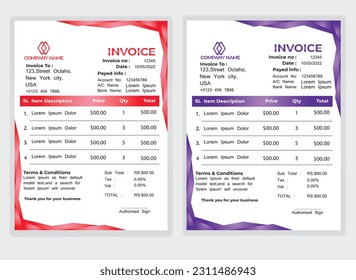 Business Minimal Corporate Invoice design template vector illustration bill form price . Creative template and stationery design payment agreement design template Cash Memo, Vector Quotation Design