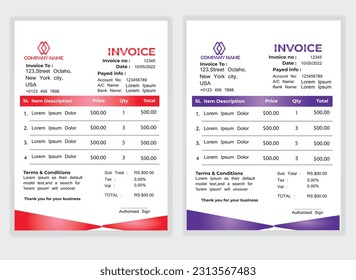 Business Minimal Corporate Invoice design template vector illustration bill form price . Creative template and stationery design payment agreement design template Cash Memo, Vector Quotation Design