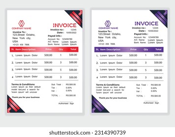 Business Minimal Corporate Invoice design template vector illustration bill form price . Creative template and stationery design payment agreement design template Cash Memo, Vector Quotation Design