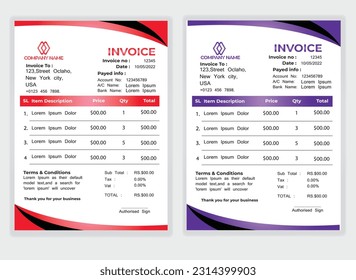 Business Minimal Corporate Invoice design template vector illustration bill form price . Creative template and stationery design payment agreement design template Cash Memo, Vector Quotation Design