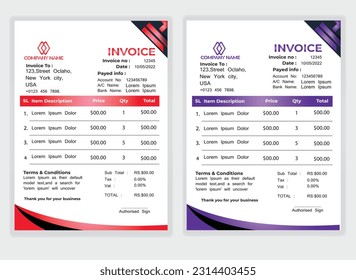 Business Minimal Corporate Invoice design template vector illustration bill form price . Creative template and stationery design payment agreement design template Cash Memo, Vector Quotation Design
