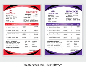 Business Minimal Corporate Invoice design template vector illustration bill form price . Creative template and stationery design payment agreement design template Cash Memo, Vector Quotation Design