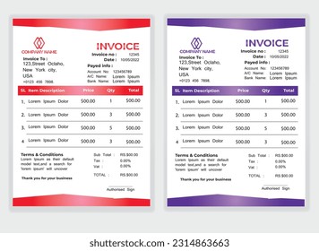 Business Minimal Corporate Invoice design template vector illustration bill form price . Creative template and stationery design payment agreement design template Cash Memo, Vector Quotation Design