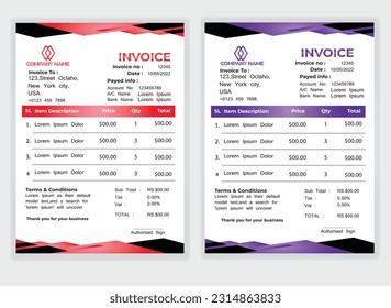 Business Minimal Corporate Invoice design template vector illustration bill form price . Creative template and stationery design payment agreement design template Cash Memo, Vector Quotation Design