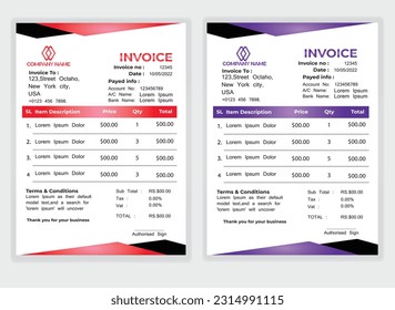 Business Minimal Corporate Invoice design template vector illustration bill form price . Creative template and stationery design payment agreement design template Cash Memo, Vector Quotation Design