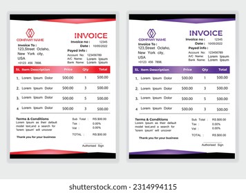 Business Minimal Corporate Invoice design template vector illustration bill form price . Creative template and stationery design payment agreement design template Cash Memo, Vector Quotation Design