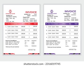 Business Minimal Corporate Invoice design template vector illustration bill form price . Creative template and stationery design payment agreement design template Cash Memo, Vector Quotation Design