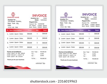 Business Minimal Corporate Invoice design template vector illustration bill form price . Creative template and stationery design payment agreement design template Cash Memo, Vector Quotation Design