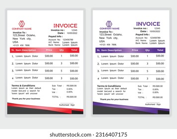 Business Minimal Corporate Invoice design template vector illustration bill form price . Creative template and stationery design payment agreement design template Cash Memo, Vector Quotation Design