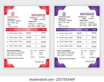 Business Minimal Corporate Invoice design template vector illustration bill form price . Creative template and stationery design payment agreement design template Cash Memo, Vector Quotation Design