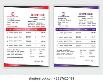 Business Minimal Corporate Invoice design template vector illustration bill form price . Creative template and stationery design payment agreement design template Cash Memo, Vector Quotation Design