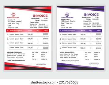 Business Minimal Corporate Invoice design template vector illustration bill form price . Creative template and stationery design payment agreement design template Cash Memo, Vector Quotation Design