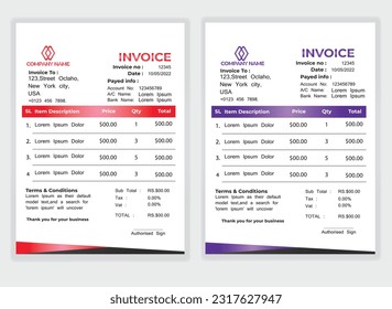 Business Minimal Corporate Invoice design template vector illustration bill form price . Creative template and stationery design payment agreement design template Cash Memo, Vector Quotation Design