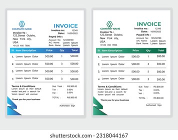 Business Minimal Corporate Invoice design template vector illustration bill form price . Creative template and stationery design payment agreement design template Cash Memo, Vector Quotation Design