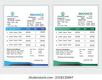 Business Minimal Corporate Invoice design template vector illustration bill form price . Creative template and stationery design payment agreement design template Cash Memo, Vector Quotation Design