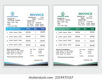 Business Minimal Corporate Invoice design template vector illustration bill form price . Creative template and stationery design payment agreement design template Cash Memo, Vector Quotation Design