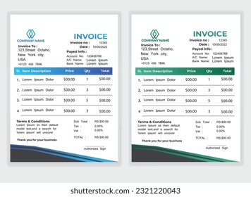 Business Minimal Corporate Invoice design template vector illustration bill form price . Creative template and stationery design payment agreement design template Cash Memo, Vector Quotation Design