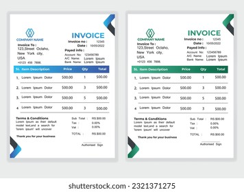 Business Minimal Corporate Invoice design template vector illustration bill form price . Creative template and stationery design payment agreement design template Cash Memo, Vector Quotation Design