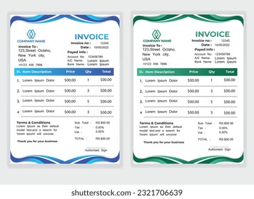 Business Minimal Corporate Invoice design template vector illustration bill form price . Creative template and stationery design payment agreement design template Cash Memo, Vector Quotation Design