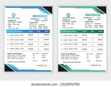 Business Minimal Corporate Invoice design template vector illustration bill form price . Creative template and stationery design payment agreement design template Cash Memo, Vector Quotation Design