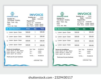 Business Minimal Corporate Invoice design template vector illustration bill form price . Creative template and stationery design payment agreement design template Cash Memo, Vector Quotation Design