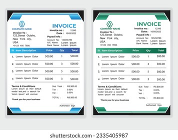 Business Minimal Corporate Invoice design template vector illustration bill form price . Creative template and stationery design payment agreement design template Cash Memo, Vector Quotation Design