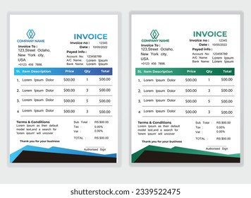Business Minimal Corporate Invoice design template vector illustration bill form price . Creative template and stationery design payment agreement design template Cash Memo, Vector Quotation Design