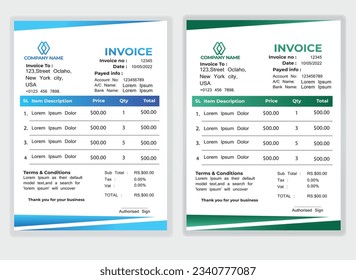 Business Minimal Corporate Invoice design template vector illustration bill form price . Creative template and stationery design payment agreement design template Cash Memo, Vector Quotation Design