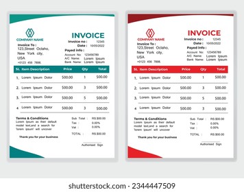 Business Minimal Corporate Invoice design template vector illustration bill form price . Creative template and stationery design payment agreement design template Cash Memo, Vector Quotation Design
