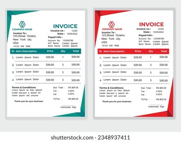 Business Minimal Corporate Invoice design template vector illustration bill form price . Creative template and stationery design payment agreement design template Cash Memo, Vector Quotation Design