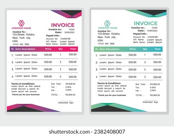 Business Minimal Corporate Invoice design template vector illustration bill form price . Creative template and stationery design payment agreement design template Cash Memo, Vector Quotation Design