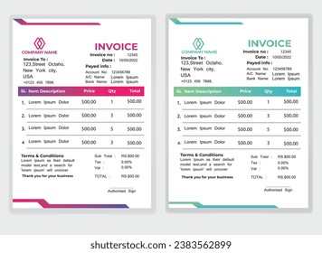 Business Minimal Corporate Invoice design template vector illustration bill form price . Creative template and stationery design payment agreement design template Cash Memo, Vector Quotation Design