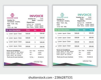 Business Minimal Corporate Invoice design template vector illustration bill form price . Creative template and stationery design payment agreement design template Cash Memo, Vector Quotation Design