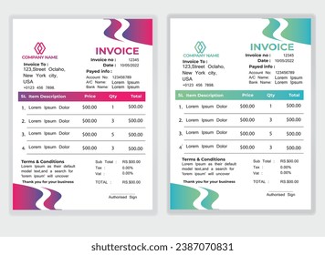 Business Minimal Corporate Invoice design template vector illustration bill form price . Creative template and stationery design payment agreement design template Cash Memo, Vector Quotation Design