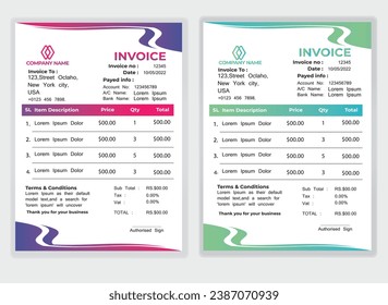 Business Minimal Corporate Invoice design template vector illustration bill form price . Creative template and stationery design payment agreement design template Cash Memo, Vector Quotation Design