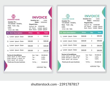 Business Minimal Corporate Invoice design template vector illustration bill form price . Creative template and stationery design payment agreement design template Cash Memo, Vector Quotation Design