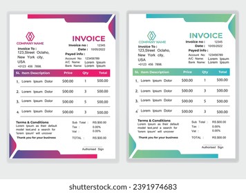 Business Minimal Corporate Invoice design template vector illustration bill form price . Creative template and stationery design payment agreement design template Cash Memo, Vector Quotation Design