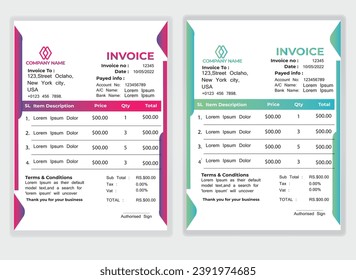 Business Minimal Corporate Invoice design template vector illustration bill form price . Creative template and stationery design payment agreement design template Cash Memo, Vector Quotation Design