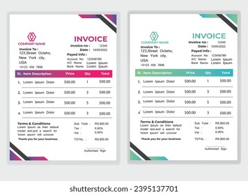 Business Minimal Corporate Invoice design template vector illustration bill form price . Creative template and stationery design payment agreement design template Cash Memo, Vector Quotation Design
