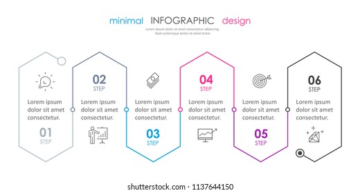 Business Minimal Infographic Design Template With Icons And 6 Options Or Steps.  Can Be Used For Process Diagram, Presentations, Workflow Layout, Banner, Flow Chart, Info Graph.