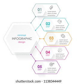 Business minimal Infographic design template with icons and 5 options or steps.  Can be used for process diagram, presentations, workflow layout, banner, flow chart, info graph.