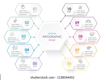 Business minimal Infographic design template with icons and 10 options or steps.  Can be used for process diagram, presentations, workflow layout, banner, flow chart, info graph.